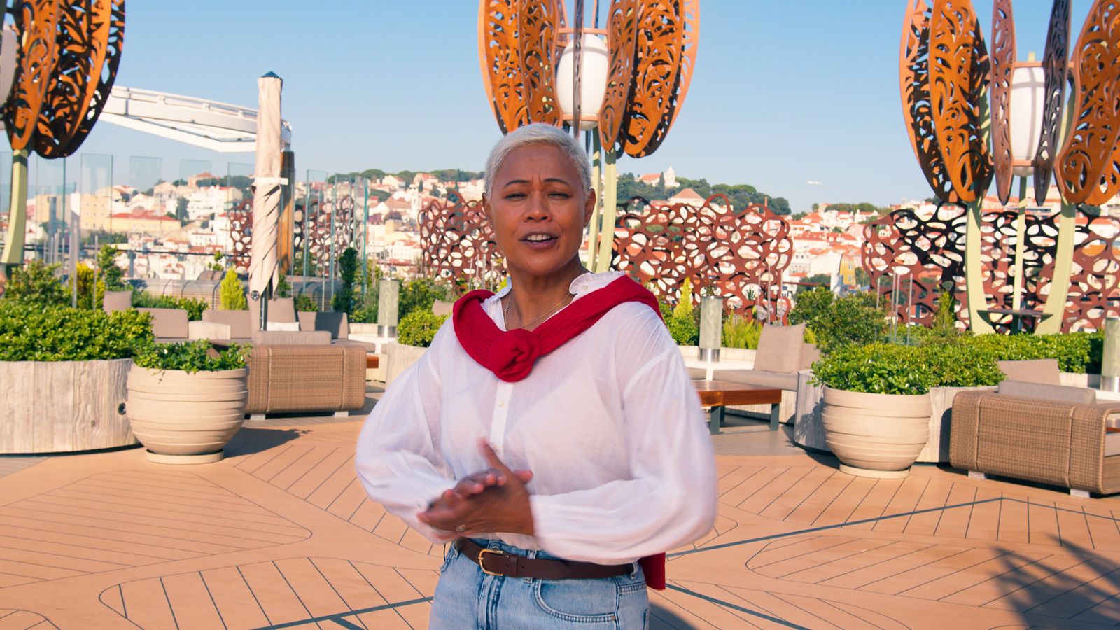 Monica Galetti presenting on deck for Celebrity Cruises